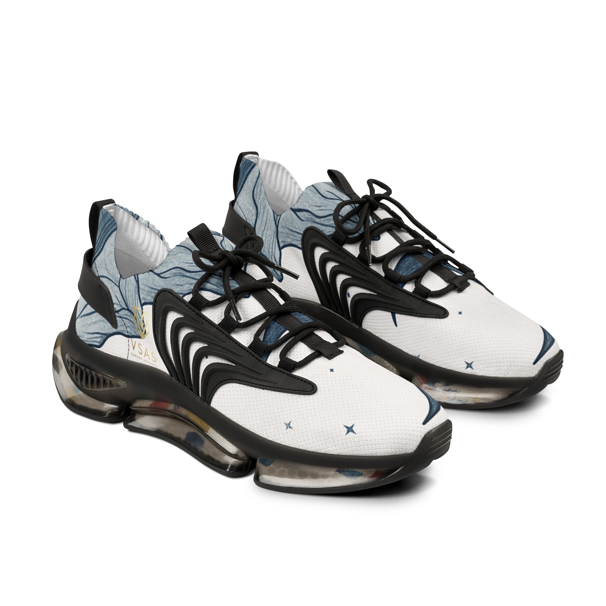 White & Blue Wave Mesh Sneakers — Men's Athletic Shoes